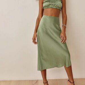 Reformation Green Satin Slip Skirt